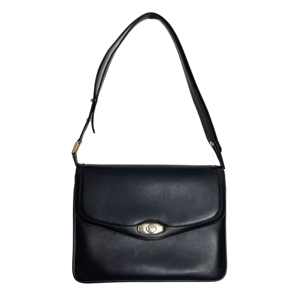 Bally Vintage Dark Navy Blue Leather Turnlock Flap Shoulder Bag
